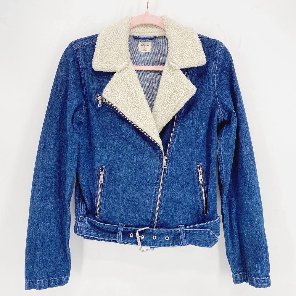 GAP Blue Denim Jacket with Cream Sherpa Collar